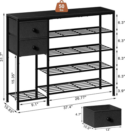 5-Tier Shoe Rack with 2 Fabric Drawers, Metal Frame and Wooden Board Shoe Organizer for 16-20 Pairs of Shoes, Shoe Shelf with Boots Storage for Entryway Closet Black