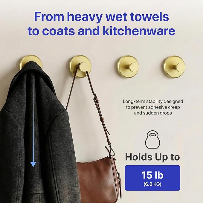 HOME SO Suction Cup Hooks for Shower & Bathroom Towel Holder 4-Pack – Suction Cups Hooks for Hanging Towels, Robes, & Coats - Tiles, Glass Door or Mirror – Shower Hooks & Towel Hooks Organizer - Gold