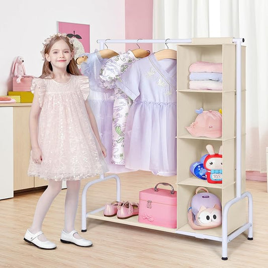 Univivi Kids Clothing Rack with Hanging Organizer, Child Dress Up Storage for Hanging Clothes, Kids Wardrobe Closet for Baby Clothes, Dance Costumes, Dance Costume Garment Rack, Beige/White