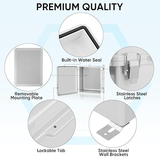 TICONN Outdoor Electrical Box Waterproof, Junction Box IP67 ABS Plastic Enclosure with Hinged Cover with Mounting Plate, Wall Brackets, Cable Glands (Off-White, 17.7"x13.8"x7.9")