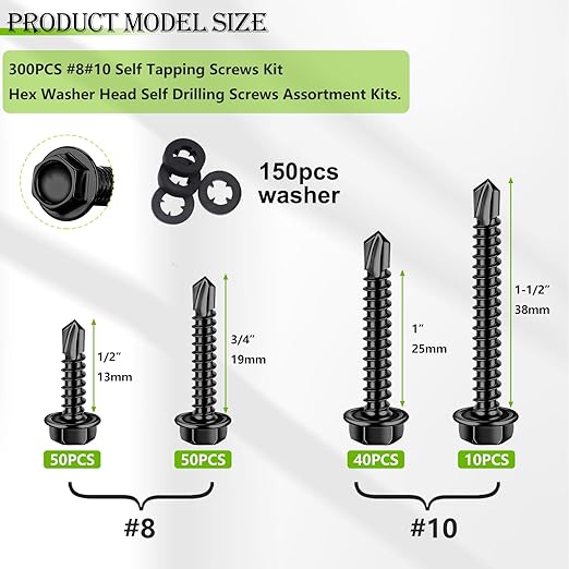 mxuteuk 300PCS #8#10 Self Tapping Screws,410 Stainless Steel Self Drilling Screws,Black Zinc Hex Washer Head Sheet Metal Screws Suitable for Wood, Metal or Tough Materials(150pcs Screw+150pcs Washer)