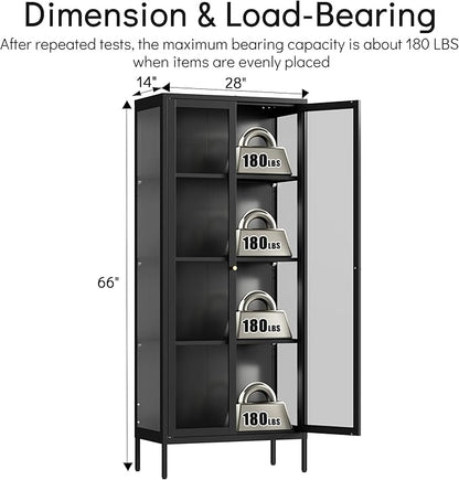 Display Cabinet with 3 Side Tempered Glass, 66" Tall Curio Cabinet with Glass Doors, Black Display Case for Collectibles, Metal Storage Cabinet & Bookcase for Living Room, Assemble Required