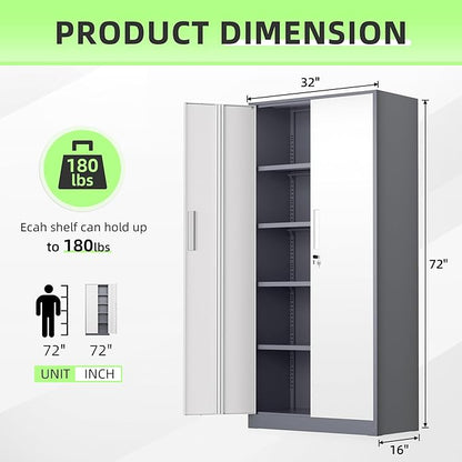 INTERGREAT Metal Storage Cabinet, 72" Locking Steel Cabinets with 2 Door and 4 Adjustable Shelves, Tall Metal Cabinet for Home Office, Garage, Warehouse,(New Grey)