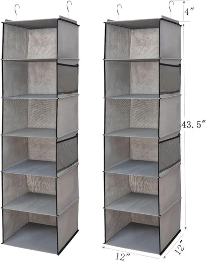 6 Shelves Hanging Closet Organizer, 2 Pack Hanging Storage with 4 Side Pockets for Clothes Shoes, 43.5"x12"x12"(Grey)