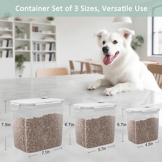 Dog Food Storage Container - Set of 3 Sizes Airtight Dog Treat Cat Food Containers - Small Plastic Pet Treat Holder for Cats, Dogs - Light Grey 3 Lbs + 2 Lbs + 1 Lbs Container Set