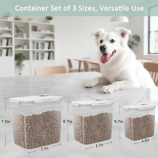 Dog Food Storage Container - Set of 3 Sizes Airtight Dog Treat Cat Food Containers - Small Plastic Pet Treat Holder for Cats, Dogs - Light Grey 3 Lbs + 2 Lbs + 1 Lbs Container Set