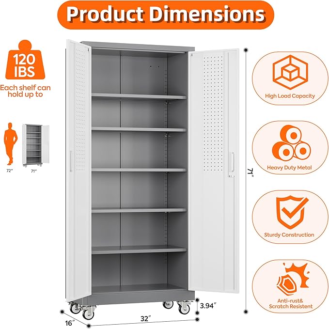 Aobabo 71" H x 32" W x 16" D Garage Storage Cabinet with Wheels, Metal Storage Cabinet with 5 Adjustable Shelves and 4 Hooks for Home Office, Assembly Required, Grey White