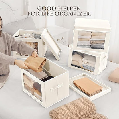 Storage Bins with Lids, 3 Pack Large Storage Cubes with Window, Closet Bins with Lids & Handles, Fabric Box for Organizing Clothes, Towels, Books, Beige