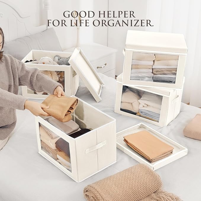 Fabric Storage Bins with Lids, Decorative Storage Boxes, Closet Storage Bins with Window, Storage Baskets for Closet, Closet Organizers for Towel, Clothes, Beige, 4-Pack