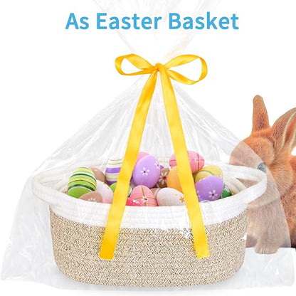 ABenkle Small Basket with Gift Bags and Ribbons, Empty Gift Baskets for Mother's Day, Decorative Boho Rope Woven Nursery Storage Organizer Toy Baskets with Handle for Baby Showers, 12"X 8" X 5"