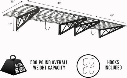 SafeRacks Wall Shelves - 4 Pk 24"x48" Wall Mountable Shelving Unit for Storage Rack, Pantry Shelves, Utility Shelving, Heavy Duty Shelves w/8 Accessory Hooks, 500lbs Capacity, Hammertone