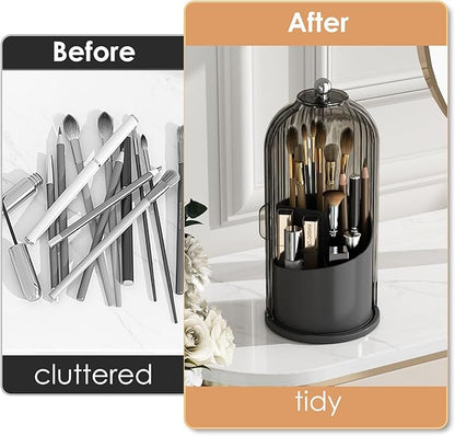 Makeup Brush Holder with Lid 360 Rotating Clear Dustproof Make Up Organizers for Vanity Bathroom Countertop, Black