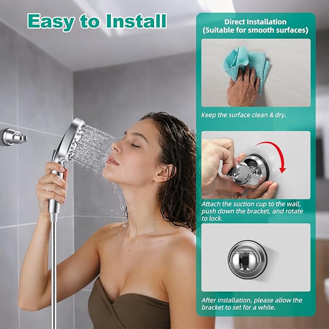 Hibbent Vacuum Suction Cup Shower Head Holder, Removable Shower Wand Bracket, Adjustable Height & Wall Mount ABS Plastic Suction Holder for Handheld Shower Head, Chrome Finish