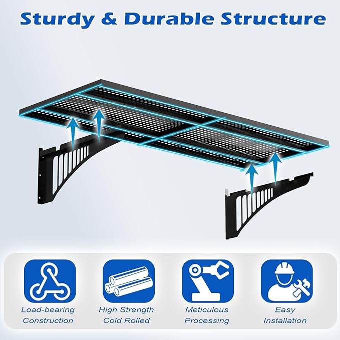 YOLENY 2-Pack 1.64x4FT Adjustable Garage Wall Shelving, 500lbs Load Capacity Heavy Duty Wall Mount Storage Shelf, Metal Floating Shelves Organizer for Workshop, Garage Storage Rack with Hooks