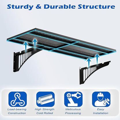 YOLENY 2-Pack 1.64x4FT Adjustable Garage Wall Shelving, 500lbs Load Capacity Heavy Duty Wall Mount Storage Shelf, Metal Floating Shelves Organizer for Workshop, Garage Storage Rack with Hooks