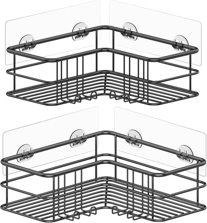 Menbyci Black Shower Caddy Corner Bathroom Shower Shelf, Rust Proof Bathroom Organizer Accessories, Adhesive Shower Basket Storage Rack Shampoo Holder Wall Organization, 2 Pack
