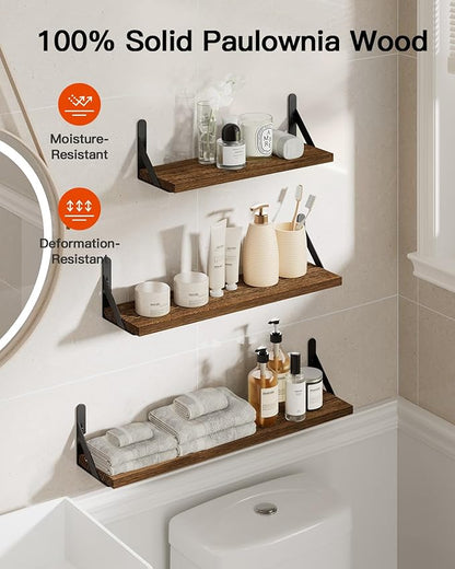 AMADA HOMEFURNISHING Long Wall Shelves, Rustic Farmhouse Style, Wood Floating Shelves for Wall Decor, Bathroom & Bedroom Storage, Living Room Book Shelves, Brown - 6pcs