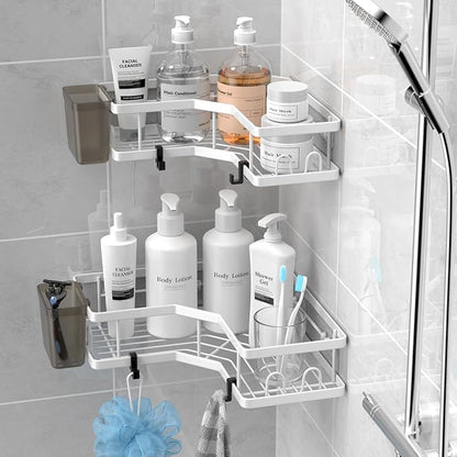 Shower Caddy Corner Organizer Shelf: 2Pack Adhesive Shower Essentials Accessories - No-Drilling Stainless Steel Bathroom Storage Rack with Hooks and Toothpaste Holder