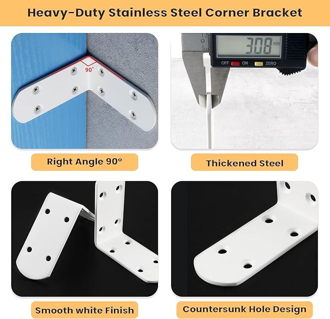Alise 4Pcs Shelf Brackets White, Stainless Steel Floating Shelf Brackets Corner Brackets, L Brackets for Shelves, 90 Degree Angle Bracket, Heavy Duty Shelf Brackets for Wood Furniture (3.35X3.35 in)