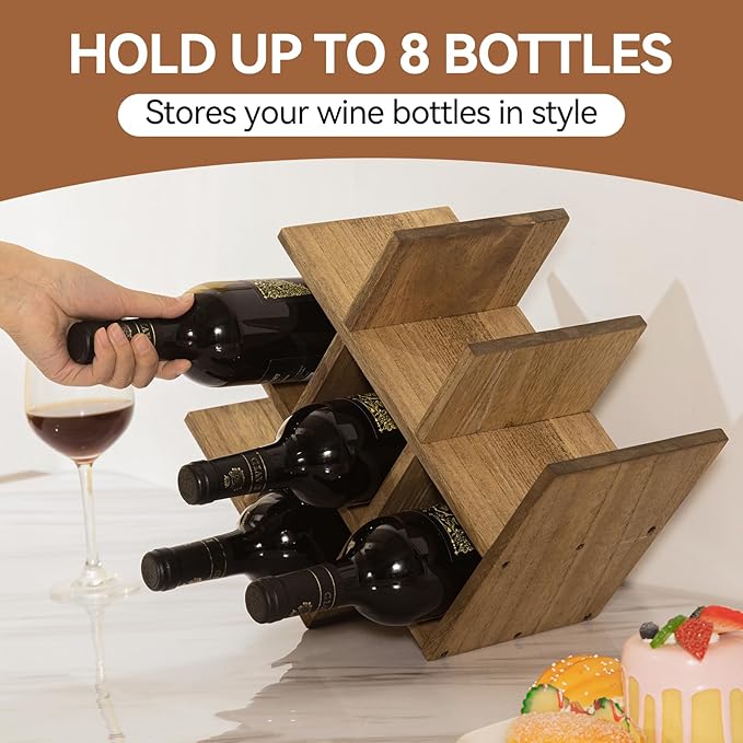 KIRIGEN 8-Bottle Countertop Wine Rack - Wine Bottle Holder for Bar Table/Wine Cabinet Free Standing - Wood 3-Tier Wine Display and Storage Shelves Dark Brown XHJJ3-DBR