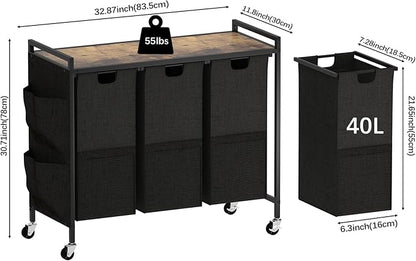 Laundry Hamper, Laundry Basket, Laundry Sorter with Top Shelf & 3 Removable Washable Bags & Side Pockets for Laundry Room organization, Bathroom and Dorm, Rustic Brown and Black