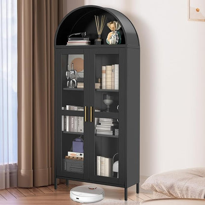 PioneerWorks 73" Arched Metal Storage Cabinet with Glass Door | 2 Adjustable Shelves | Arch-Top Storage Unit for Pantry, Living & Dining Rooms - Dark Black with Legs