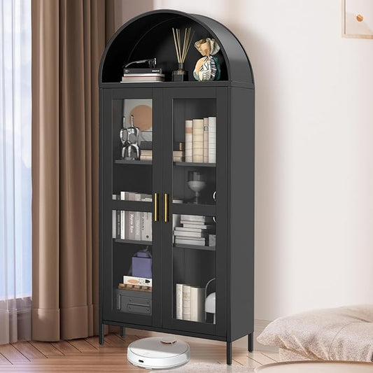 PioneerWorks 73" Arched Metal Storage Cabinet with Glass Door | 2 Adjustable Shelves | Arch-Top Storage Unit for Pantry, Living & Dining Rooms - Dark Black with Legs