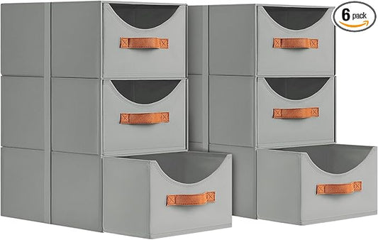 Stackable Storage Drawers - Collapsible Storage Bins with Drawers, 6 Pack Closet Shelf Organizer Basket, Fabric Pull Out Organizer for Bedroom, Living Room, Dorm, Grey