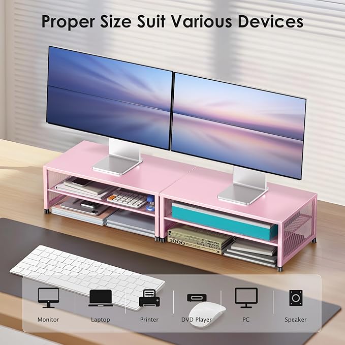 2-Tier Computer Monitor Stand Riser, Desk Organizer for Monitor, Printer & Laptop Stand, Desktop Workspace Organizers for Office Supplies(Pink)
