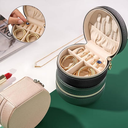 ProCase Travel Size Jewelry Box, Mini Portable Seashell-Shaped Jewelry Case, 2 Layer Organizer in PU Leather for Women -Black