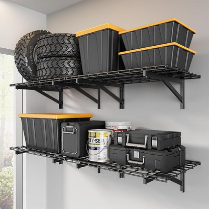 4 Pack Heavy Duty Garage Wall Shelving Set (2x3ft), Wall Mounted Garage Shelves 1400lbs Capacity, 24"x72" Shelf Storage Rack Floating Shelves, Black