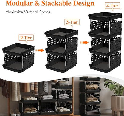 Lifewit Plastic Stackable Storage Baskets, 4 Tier Stacking Bins for Food and Clothes, Multifunctional Organizer for RV, Kitchen, Playroom, Pantry, Black, 35 x 30 x 72 cm/14 x 12 x 28 inch, 1 Pack