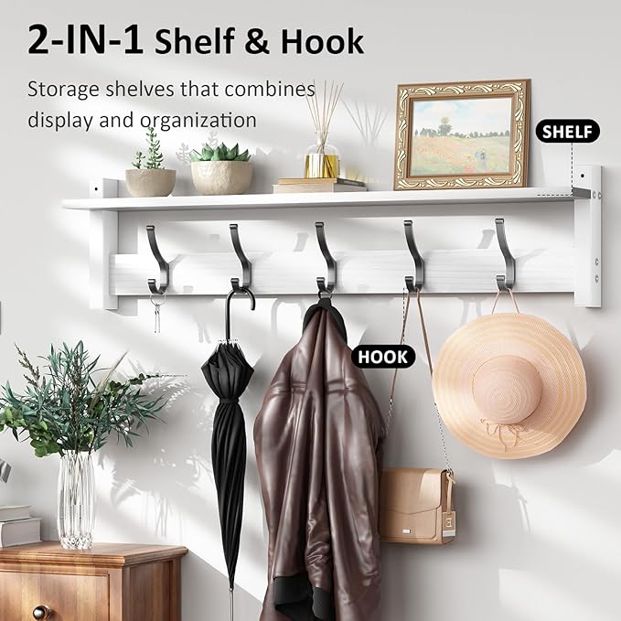 Coat Rack Wall Mount with Shelf, 29 Inch Coat Hanger Walls Mounted, Hat Rack for Walls, Shelf with 5 Coat Hooks, Wall Hanger for Entryway (White)
