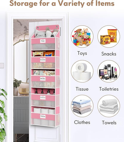 Over The Door Organizer Hanging, 2 Pack 5 Shelf Behind The Doors Storage, Pantry Door Organizer, Closet Organizers for Bedroom and Nursery (Pink)