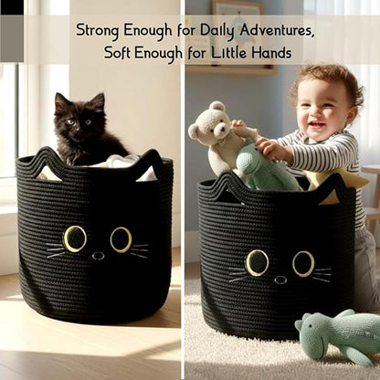 Kids Laundry Basket & Toy Storage Organizer | Large Black Cat Woven Cotton Rope Bin for Stuffed Plushies | Animal face Hamper with Cutout Handles for Nursery, Playroom & Kid’s Bedroom (Black Cat)