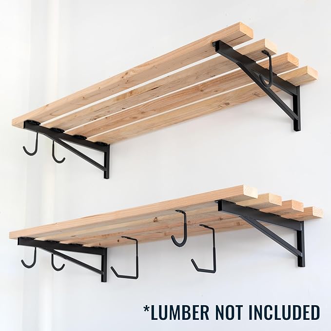 StoreYourBoard 24 Inch Heavy Duty Shelf Brackets, Set of 4 for 2' x 4' DIY Garage Wall Shelves, Holds 600 lbs, Solid Steel, Includes 6 Hooks for Hanging Storage, 23.75" x 1" x 9.5"