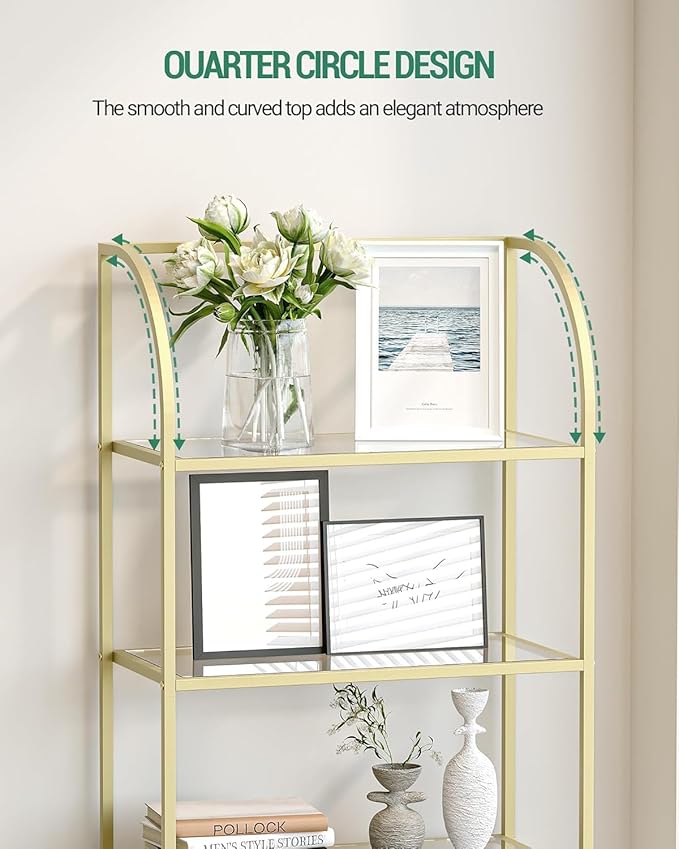 Bookcase Bookshelf, Tempered Glass Arched Bookshelf for More Storage, Slim Shelving Unit for Bedroom, Bathroom, Home Office, Steel Frame, Wide 6 Tier Gold BC22699G