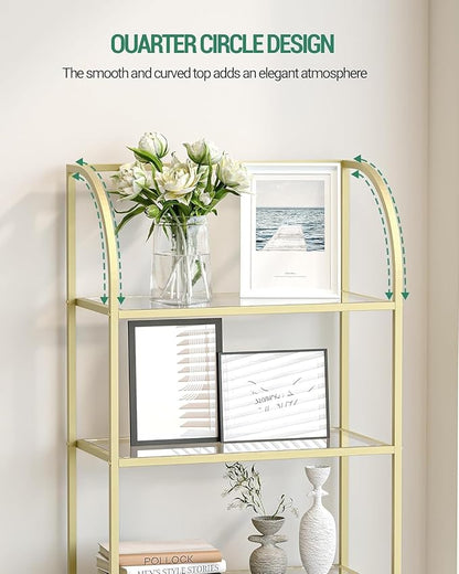 Bookcase Bookshelf, Tempered Glass Arched Bookshelf for More Storage, Slim Shelving Unit for Bedroom, Bathroom, Home Office, Steel Frame, Wide 6 Tier Gold BC22699G
