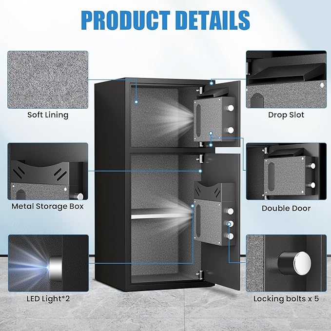 6.0 Cu Ft Safe Box Fireproof Waterproof,with LED Light fire proof safe for home documents,Fingerprint password personal Safe with Deposit Slot & Dual Alarm System，Security Box fo Valuables