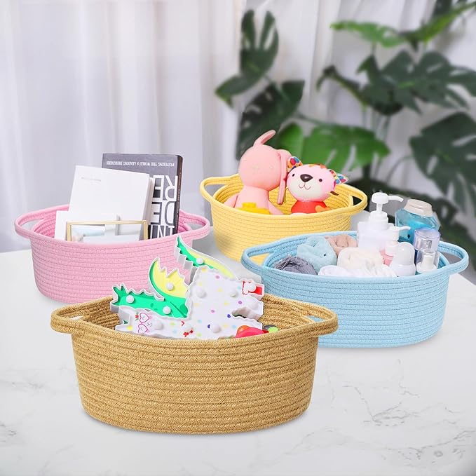 ABenkle Small Basket with Gift Bags and Ribbons, Empty Gift Baskets for Mother's Day, Decorative Boho Rope Woven Nursery Storage Organizer Toy Baskets with Handle for Baby Showers, 12"X 8" X 5"