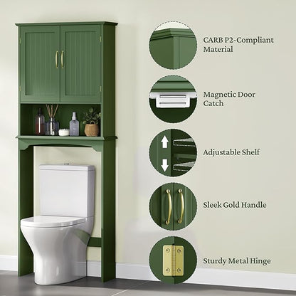 Yaheetech Over The Toilet Storage Cabinet, Over Toilet Cabinet with Adjustable Shelf, Bathroom Storage Organizer with Double Wood Doors, Green