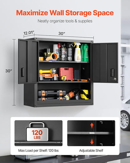 VEVOR Metal Wall Cabinet, 30W x 12.01D x 30H Inch, Steel Floating Hanging Storage Cabinet with Locking Doors and Adjustable Shelf for Garage, Basement, Kitchen, Warehouse Assembly Required, Black