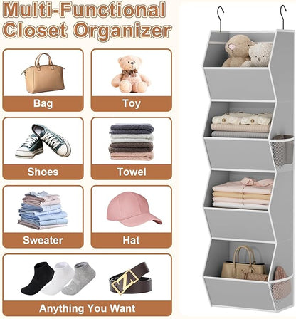 Hanging Closet Organizer 4 Shelf Collapsible Bedroom Closet Organizers and Storage Hanging with Mesh Pockets for Clothes, Fabric Hanging Storage Bins for Wardrobe Closet Organization and Storage, Grey