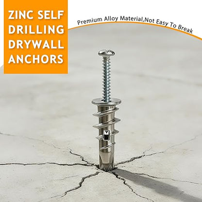 KURUI Heavy Duty Metal Drywall Anchors, 50PCS Zinc Self Drilling Wall Anchors and Screws Kit for Sheetrock, Hollow Walls, Hanging Shelves, Mirrors, Wall Decor for Home Decor & Home Improvement