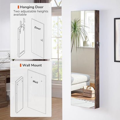 GISSAR Full Length Mirror Jewelry Cabinet, 6 LEDs Jewelry Armoire Wall Mounted Over The Door Hanging, Jewelry Organizer Storage with Lights Lockable, Vintage Brown, 14.6" x 47.2"