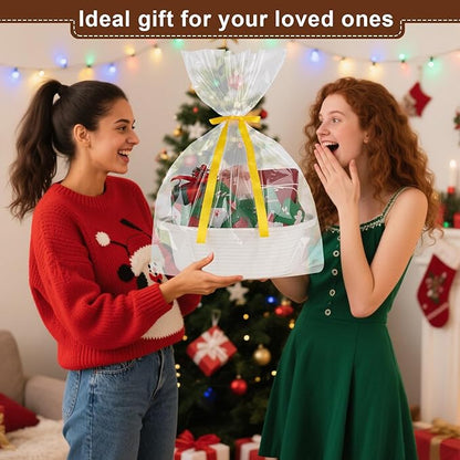 OIAHOMY Gift Basket with Handle, Small Woven Basket with Gift Bag, Ribbon and Wrap Tissue Paper, Nursery Bins Empty to Fill with Small Items, Baby, Pet Toy Organizer - White & Green