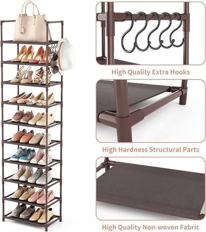 10 Tiers Tall Shoe Rack 20-25 Pairs Boots Organizer Storage Sturdy Narrow Shoe Shelf for Entryway, Closets with Hooks, Brown