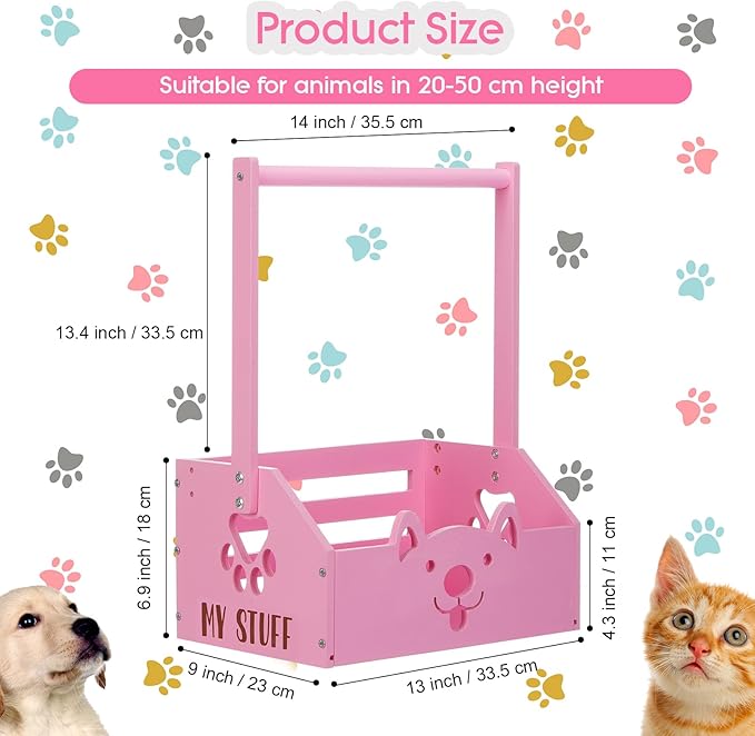 Chunful Dog Closet Wooden Pet Wardrobe Closet Dog Toy Storage Bin with Handle Pet Clothes Rack for Cat Organization and Storage Accessories, 19" x 13" x 9"(Pink)