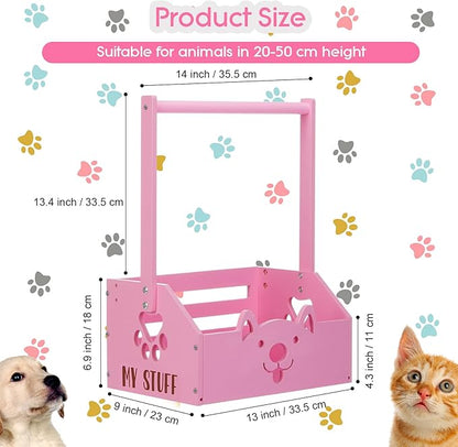Chunful Dog Closet Wooden Pet Wardrobe Closet Dog Toy Storage Bin with Handle Pet Clothes Rack for Cat Organization and Storage Accessories, 19" x 13" x 9"(Pink)