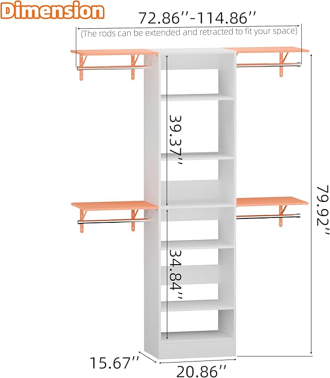 Closet System, Closet Organizer System With Adjustable Shelves, Walk-In Closet Storage System With 5 Hanging Rods, Adjustable Cloth Garment Rack, Fits Spaces 4 to 9FT, White